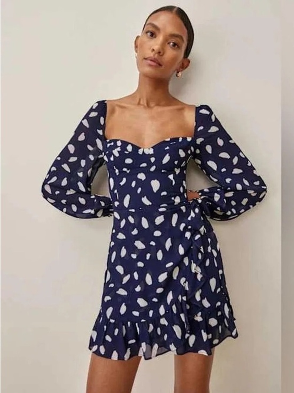 Reformation Cammi Mini Dress Blue Polka Dot Long Sleeve 4 Small